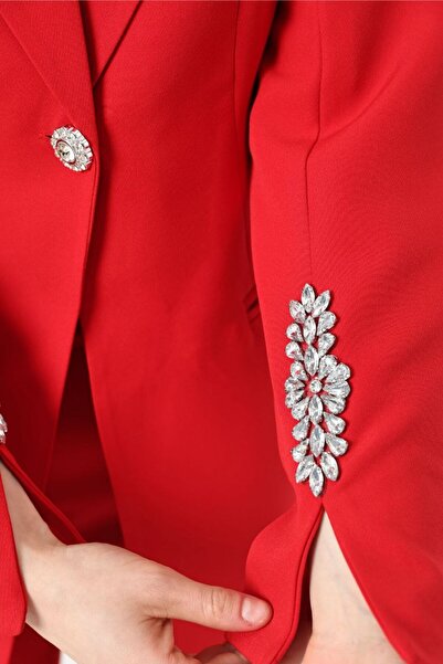 BARG FASHION Kadin Taş Detaylı Blazer Ceket Pantolon Takım Elbise