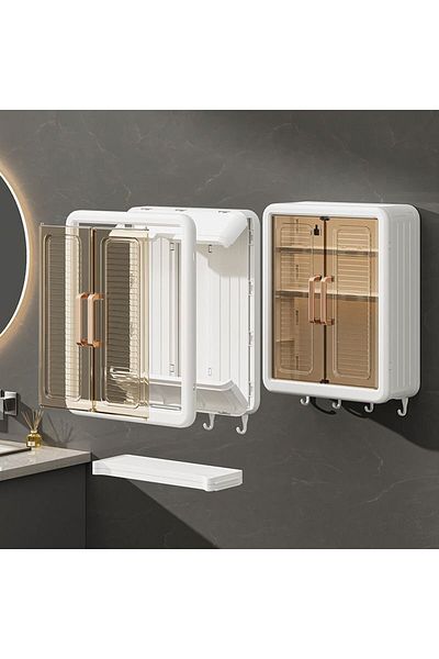 Old_Feller 3-tier wall-mounted cabinet with doors, fits bathroom/kitchen. Over-toilet storage, includes tool