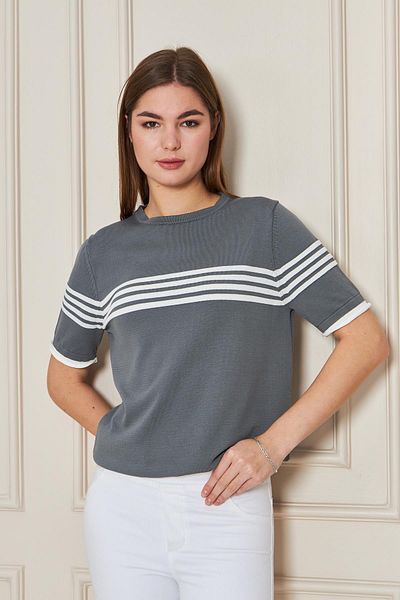 Irmak Kerekli Women's Smoked-Ecru Crew Neck Short Sleeve Striped Knitwear Blouse 25111