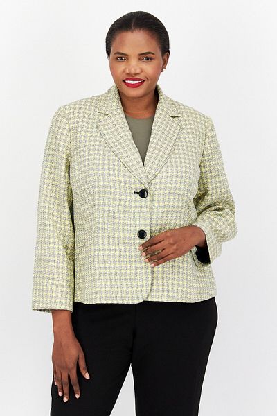 Le Suit Women Slim Fit Allover Print Causal Blazer,Yellow Combo