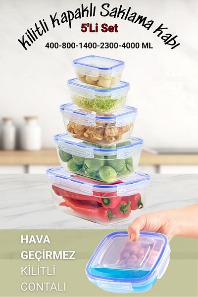 BAGER MARKET Leakproof Storage Container Set 5 Li - Erzak, Konta, Dowry with Lid, 400-800-1400-2300-4000 ml