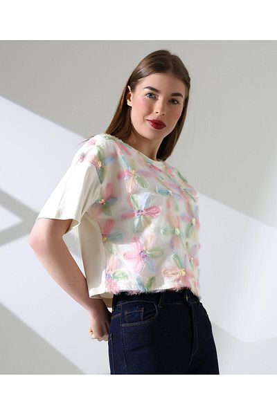 ribana Bluză cu broderie cu detalii din tul floral