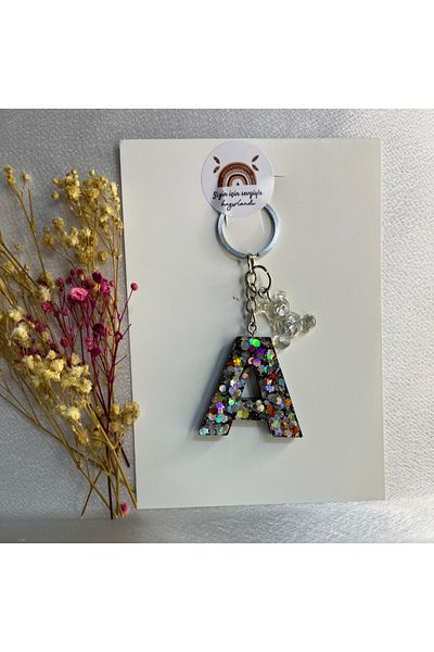 egehobby Letter a Epoxy Keychain Black Shimmer (with Mini Teddy Bear)