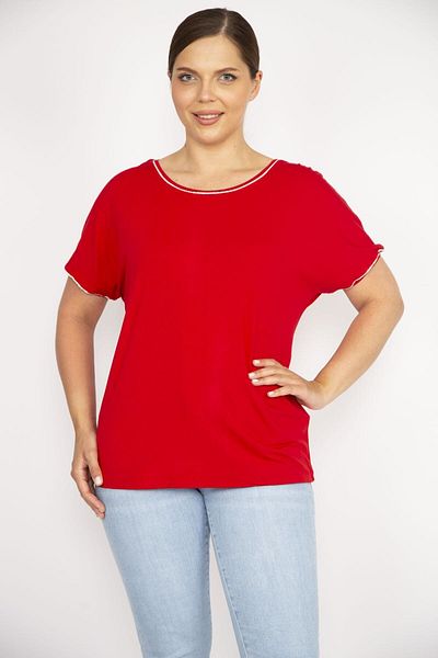 Şans Women's Red Plus Size Collar and Sleeve Glitter Stripe Blouse 65n36665