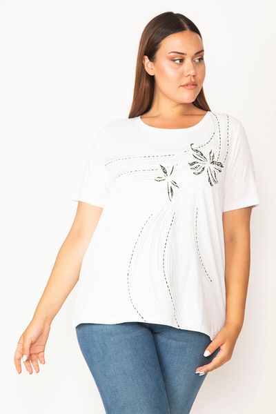 Şans Women's White Large Size Cotton Fabric Front Printed Blouse 65n35889