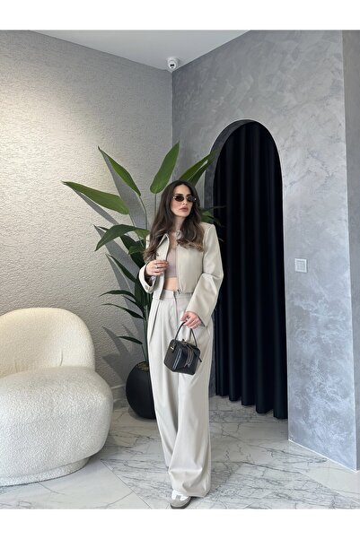 By Merve Darende Fermuar Detay Crop Ceketli Premium Takım