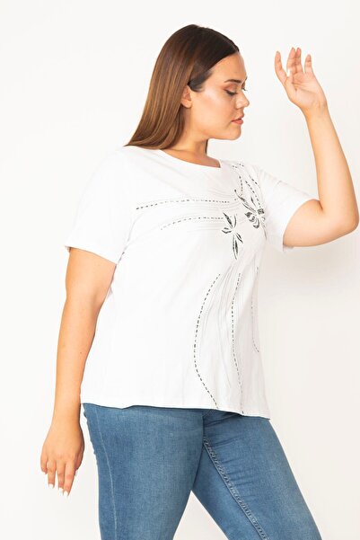 Şans Γυναικεία Λευκή Μπλούζα μεγάλου μεγέθους από βαμβακερό ύφασμα εμπρός εμπριμέ 65n35889