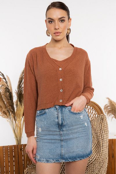 AQE FASHION 4 Button V-Neck Seasonal Cinnamon Cardigan