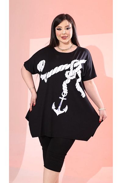 HÜLYA BUTİK Women's Large Size Black Sailor Anchor Printed Blouse