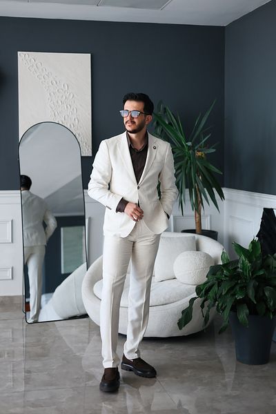 Avni Ceylan Seersucker Drawstring Fabric Italian Style Suit Cream