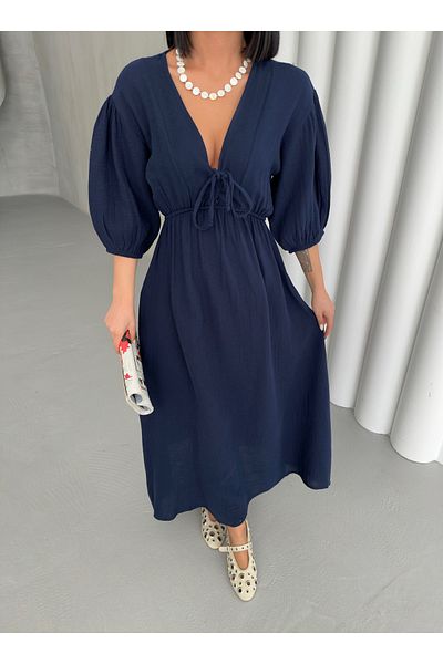 BEJNA Marineblaues Damen-Sommerkleid aus Musselin mit V-Ausschnitt und Schnürung