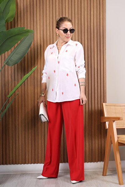 MİSLİNA BUTİK Nakış Detay Ekru Keten Gömlek