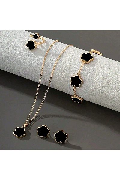 Choice H685-bk Lucky Five-petal Flower Five-leaf Clover Bracelet Earrings Necklace Three-piece Set For Woma