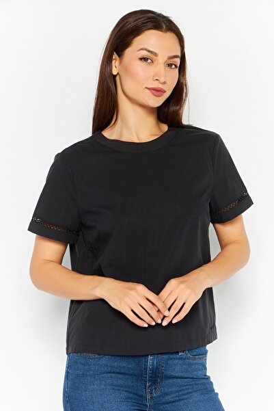 Esprit Women Round Neck Short Sleeve Plain Open Back Detail Blouse, Black