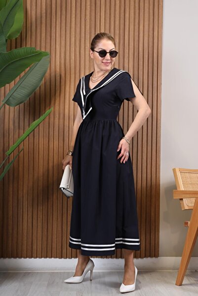MİSLİNA BUTİK Bahriye Yaka Lacivert Elbise