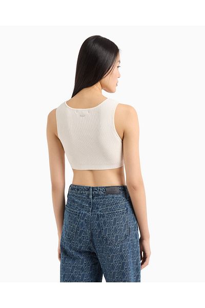 Armani Exchange المرأة محبوكة مفتوحة جولة الرقبة ضيقة تناسب المحاصيل Ecru بوستير XW 000577   AF12740-U1003