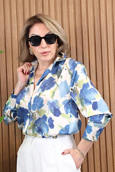 MİSLİNA BUTİK Çiçek Desen V Yaka Gömlek