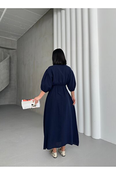 BEJNA Női sötétkék V-nyakú, fűzős részletezett muszlin nyári ruha