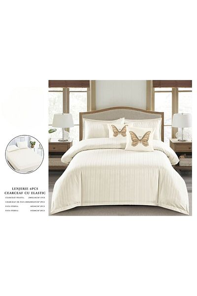 OEM Double bed linen set, 6 pieces, damask plain, butter cream, DFC-015, 1 cm stripes, 230x250 cm