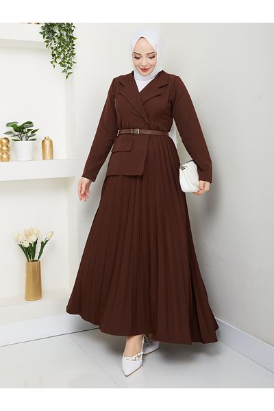 Moda Krash Belt Gift Double Dress with Pleated Detail