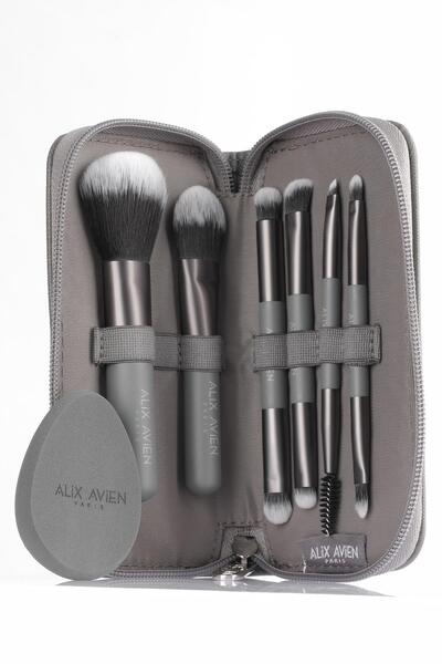 Alix Avien Küçük Boy Çantalı Seyahat Makyaj Fırça Seti - 10 Çeşit Fırça Ucu, Aplikatör ve Makyaj Süngeri