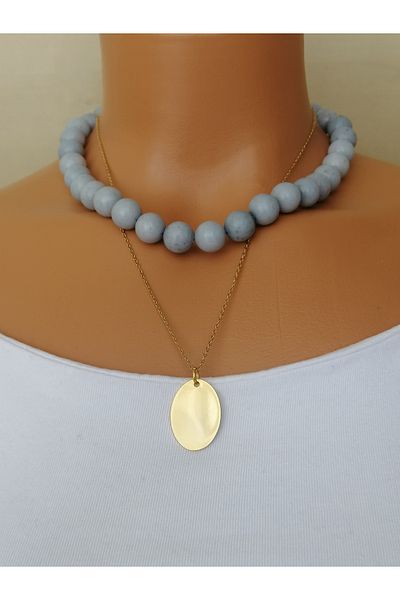 LemaStone Natural Stone Necklace; Ceyt Stone Pendant and Gold Color Steel Necklace