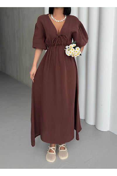 BEJNA Braunes Damen-Sommerkleid aus Musselin mit V-Ausschnitt und Schnürung