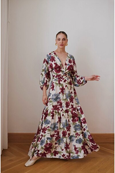 BRTC design Kadın Çok Renkli Önü Düğüm Dekolte Detaylı Beli Lastikli Çiçekli Elbise