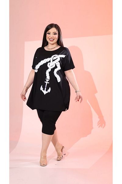 HÜLYA BUTİK Women's Large Size Black Sailor Anchor Printed Blouse