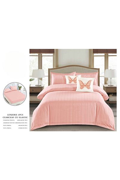 OEM Double bed linen set, 6 pieces, plain damask, salmon, DFC-001, 1 cm stripes, 230x250 cm