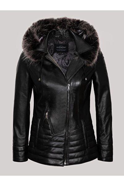 DeriWork Hakiki Kuzu Derisi Fermuarlı Kadın Kapüşonlu Siyah Ceket