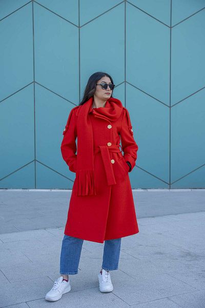Belle Vie Real Wool Coat with Scarf and Belt with Slits / Special Production - Single Production