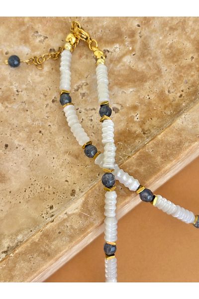 By Song Aksesuar Mother of Pearl, White Necklace with Ceyt Natural Stone