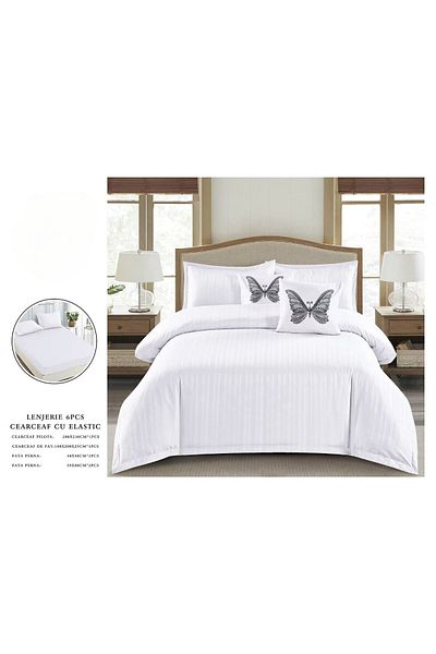 OEM Double bed linen set, 6 pieces, plain damask finet, white, DFC-012, 230x250 cm, 1 cm stripes