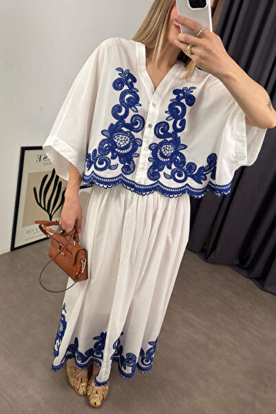 Sue Store Set de fuste cămașă cu mânecă liliac cu broderie albă albastră