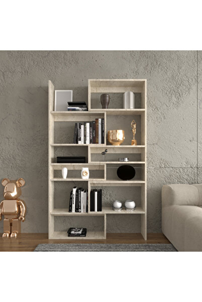 Decomob Avole Flat Çok Raflı Geniş Kitaplık Traverten Desenli