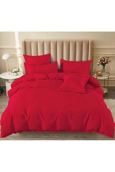 OEM Double bed linen set, 6 pieces, fine cotton, red, fitted sheet 180x200 cm