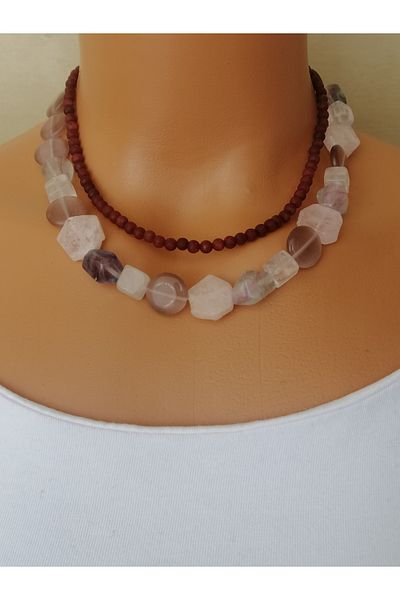 LemaStone Fluorite Natural Stone,Pink Quartz,Cat's Eye and Crystal Quartz Aa Quality Necklace and Earrings Set