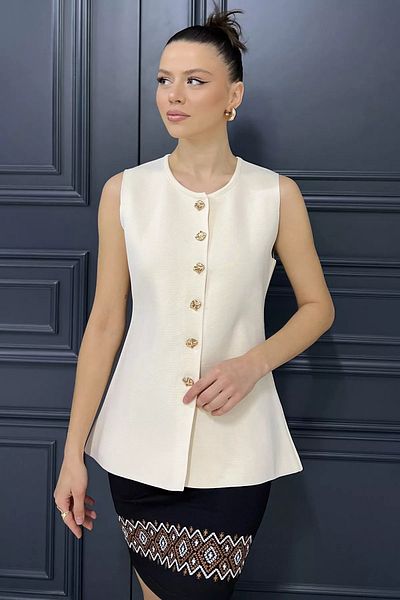 GÜLSELİ Cream Women's Crew Neck Buttoned Knitwear Vest (S-M-L Size Available)