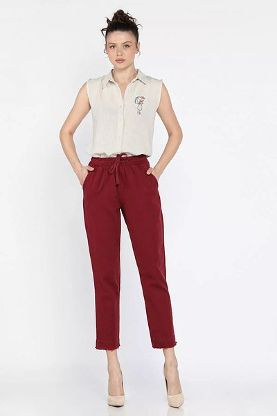 GÜLSELİ Burgundy Women's High Waist Leg Tassel Detailed Gabardine Trousers
