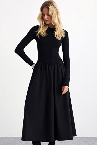 Ottawe Slim Fit Dar Kalıp Eteği Poplin Uzun Kol Kayık Yakalı Casual Midi Boy Elbise