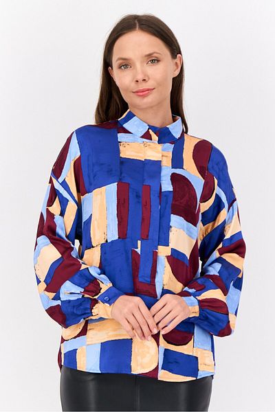 Esprit Women Band Collar Long Sleeves Geometric Print Blouse, Multicolor