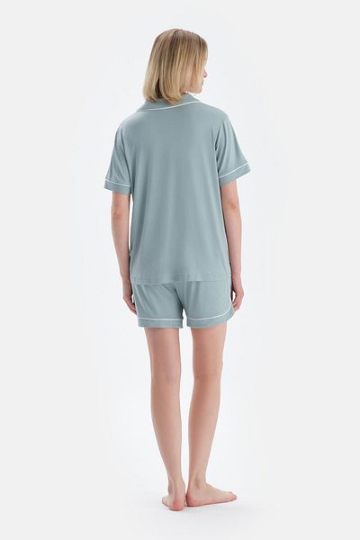 Dagi Water Green Piping Detailed Short Sleeve Shirt Shorts Pajama Set