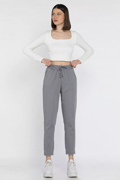 GÜLSELİ Dark Gray Women's High Waist Leg Tassel Detailed Gabardine Trousers