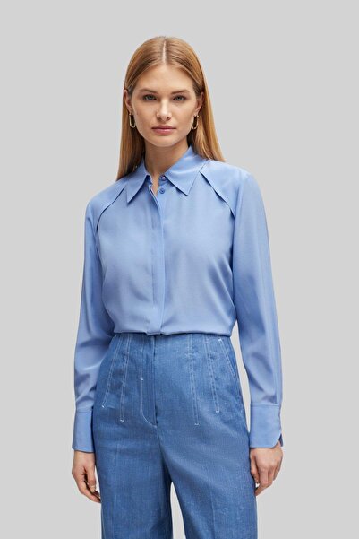 BOSS Kadın Yıkanmış Ipekten Uzun Kollu Bluz Mavi