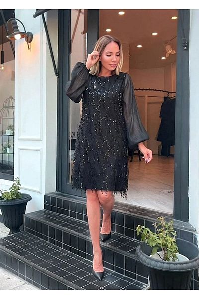 Bersi Butik Βραδινό φόρεμα με μαύρη παγιέτα Plus Size