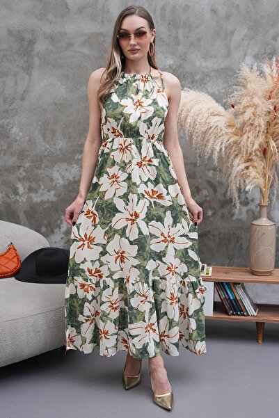 ZEYWEAR Boyundan Bağlama Detaylı Beli Lastikli Elbise