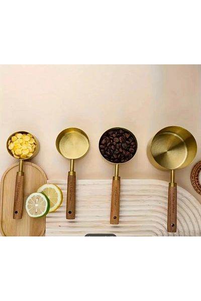 ALTIN MUTFAK 4Pcs Large Size Stainless Steel Wooden Handle Measure Spoon Set Measuring Cup 60ml 80ml 125ml 250ml