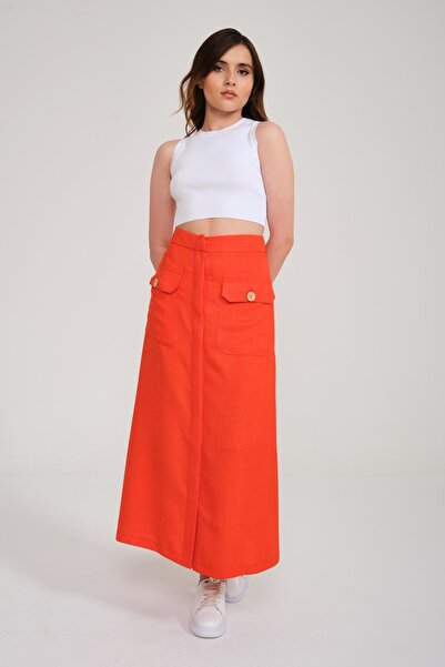 Mimya Coral Keten Görünümlü Safari Etek 4109