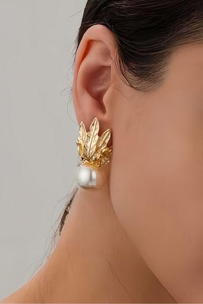 Çelik Leaf Detailed Pearl Steel Earrings